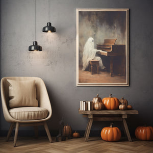 Ghost Playing The Piano Print Poster, Halloween Poster, Art Poster Print, Dark Academia, Gothic Retro, Halloween Decor, Cute Ghost Poster