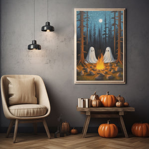 Two Ghost On Campsite Wall Art Print Poster, Halloween Poster, Art Poster Print, Dark Academia, Gothic Retro, Halloween Decor, Cute Ghost Poster