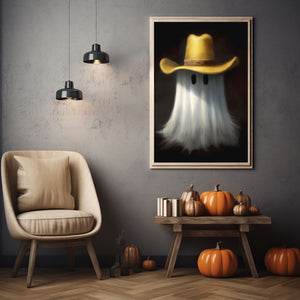 Cute Ghost And Cowboy Hat Poster Print,Cowboy Art Poster, Art Poster Print, Haunting Ghost, Halloween Decor,Print Wall Art