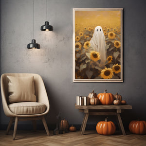 Ghost In The Sunflower Field Poster Print,Gothic Art Poster, Art Poster Print, Haunting Ghost, Halloween Decor,Field Art Poster