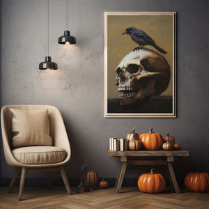Black Crow On Skull Print Poster, Oil Painting Art, Halloween Art, Vintage Poster, Art Poster Print, Dark Academia, Gothic Victorian Crow