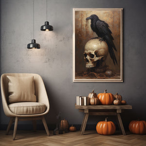 Black Crow On Skull Head Print Poster, Black Crow Dark Romantic Creepy, Halloween Art, Vintage Poster, Art Poster Print, Dark Academia, Gothic Victorian Crow