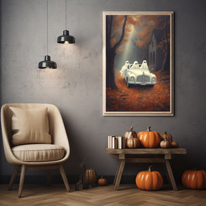 Ghosts In The Fall Woods In A Car Poster, Halloween Autumn Poster, Art Oil Painting, Haunting Ghost, Halloween Decor, Print Wall Art