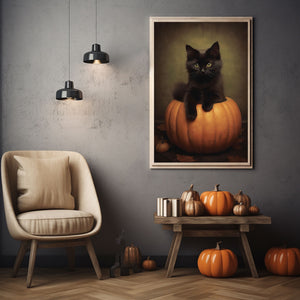 Black Cat In A Pumpkin Poster Print, Halloween Poster, Art Poster Print, Dark Academia, Gothic Retro, Halloween Decor, Black Cat Poster