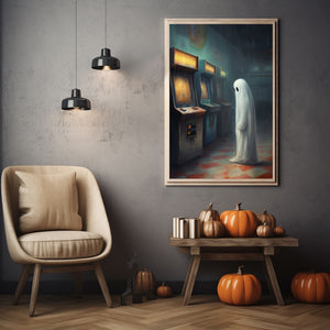 Ghost In An Abandoned Arcade, Halloween Poster, Art Poster Print, Dark Academia, Gothic Retro, Halloween Decor, Cute Ghost Poster