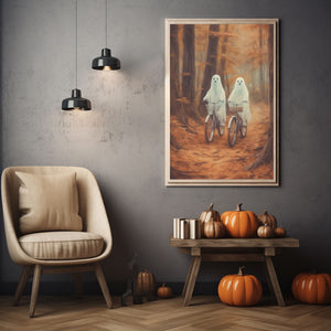 Ghost Riding A Bicycle Wall Art, Ghost Couple In The Forest Hanging Poster Canvas, Cycling In The Forest Canvas, Poster Happy Ghost