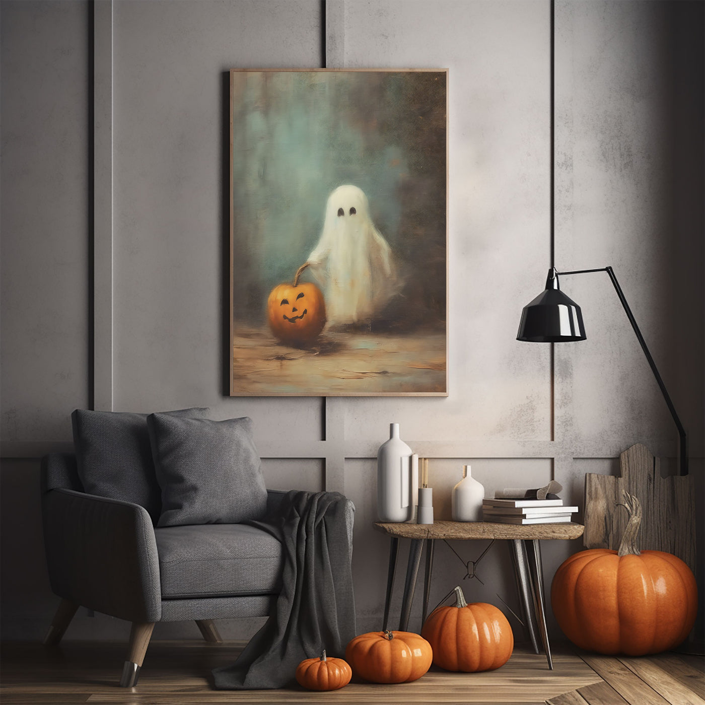 Funny Ghost By The Smile Pumpkin Print Poster, Ghosts Art Print, Hallo –  SimpleKool