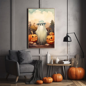 Ghost In The Pumpkin Patch Poster, Halloween Poster, Art Poster Print, Dark Academia, Gothic Retro, Halloween Decor, Cute Ghost Poster