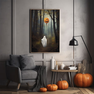 Ghost Holding A Pumpkin Balloon In The Forest, Halloween Poster, Art Poster Print, Dark Academia, Gothic Retro, Halloween Decor, Cute Ghost Poster