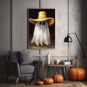 Cute Ghost Wearing Yellow Cowboy Hat Poster Print,Cowboy Art Poster, Art Poster Print, Haunting Ghost, Halloween Decor,Print Art Poster