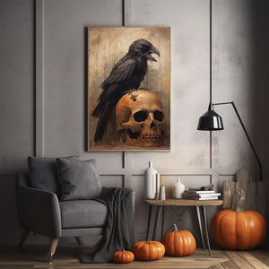 Black Crow On Skull Head Poster, Black Crow Dark Romantic Creepy, Halloween Art, Vintage Poster, Art Poster Print, Dark Academia, Gothic Victorian Crow
