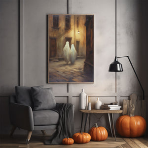 Couple Ghost Walking In The Alley Poster Print, Fall Decor, Vintage Poster, Art Poster Print,Halloween Decor, Gothic Victorian,Dark Academia