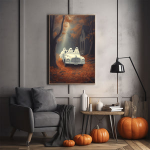 Ghosts In The Fall Woods In A Car Poster, Halloween Autumn Poster, Art Oil Painting, Haunting Ghost, Halloween Decor, Print Wall Art