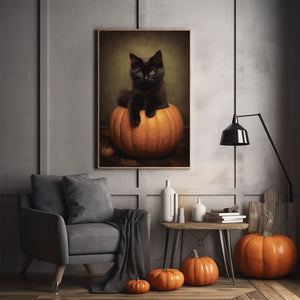 Black Cat In A Pumpkin Poster Print, Halloween Poster, Art Poster Print, Dark Academia, Gothic Retro, Halloween Decor, Black Cat Poster