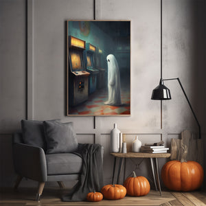 Ghost In An Abandoned Arcade, Halloween Poster, Art Poster Print, Dark Academia, Gothic Retro, Halloween Decor, Cute Ghost Poster