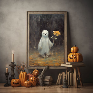 Ghost Holding A Sunflower Print Poster, Gothic art Poster, Art Poster Print, Haunting Ghost, Halloween Decor, Spooky Gothic Printable, Wall Decor