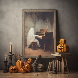 Ghost Playing The Piano Print Poster, Halloween Poster, Art Poster Print, Dark Academia, Gothic Retro, Halloween Decor, Cute Ghost Poster