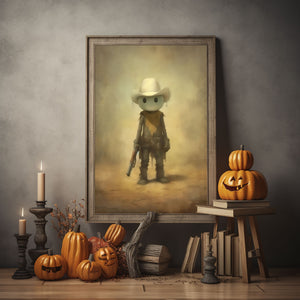 Cute Ghost Holding Gun Print Poster, Halloween Cowboy Poster, Cowboy Poster Print, Dark Academia, Halloween Decor, Cute Ghost Poster,Vintage Photography