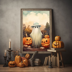 Ghost In The Pumpkin Patch Poster, Halloween Poster, Art Poster Print, Dark Academia, Gothic Retro, Halloween Decor, Cute Ghost Poster