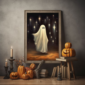 Ghost And Falling Stars Print Poster, Halloween Poster, Art Poster Print, Dark Academia, Gothic Retro, Halloween Decor, Cute Ghost Poster