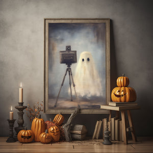 Cute Ghost Photographer Print Poster, Halloween Poster, Art Poster Print, Dark Academia, Gothic Retro, Halloween Decor, Cute Ghost Poster