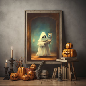 Ghost Holding A Smart Phone Print Poster, Halloween Poster, Art Poster Print, Dark Academia, Gothic Retro, Halloween Decor, Cute Ghost Poster