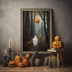 Ghost Holding A Pumpkin Balloon In The Forest, Halloween Poster, Art Poster Print, Dark Academia, Gothic Retro, Halloween Decor, Cute Ghost Poster