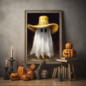 Cute Ghost Wearing Yellow Cowboy Hat Poster Print,Cowboy Art Poster, Art Poster Print, Haunting Ghost, Halloween Decor,Print Art Poster