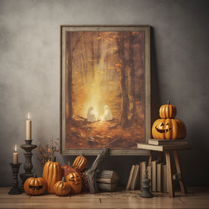 Couple Ghost By The Campfire In The Fall Forest Poster Print, Fall Decor, Vintage Poster, Art Poster Print,Halloween Decor, Gothic Victorian,Dark Academia
