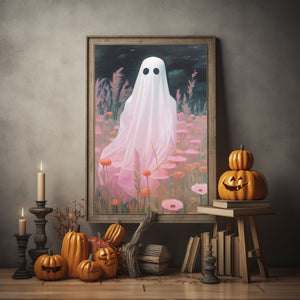 Pink Ghost In The Pink Flower Field Poster Print,Gothic Art Poster, Art Poster Print, Haunting Ghost, Halloween Decor,Pink Art Poster