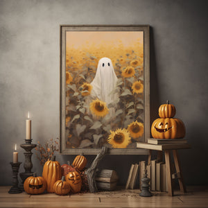 Ghost In The Sunflower Field Poster Print,Gothic Art Poster, Art Poster Print, Haunting Ghost, Halloween Decor,Fall Decor