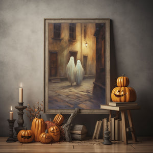 Couple Ghost Walking In The Alley Poster Print, Fall Decor, Vintage Poster, Art Poster Print,Halloween Decor, Gothic Victorian,Dark Academia