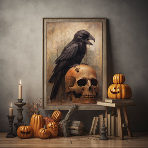 Black Crow On Skull Head Poster, Black Crow Dark Romantic Creepy, Halloween Art, Vintage Poster, Art Poster Print, Dark Academia, Gothic Victorian Crow