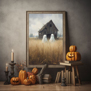 Couple Cute Ghost In The Field Print Poster, Ghosts Art Print, Halloween Art Print, Halloween Decor, Spooky Vintage Halloween, Halloween Gift