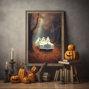 Ghosts In The Fall Woods In A Car Poster, Halloween Autumn Poster, Art Oil Painting, Haunting Ghost, Halloween Decor, Print Wall Art