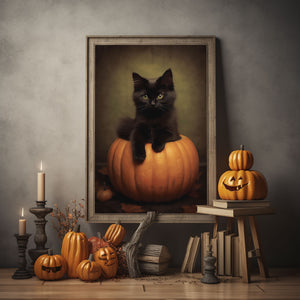 Black Cat In A Pumpkin Poster Print, Halloween Poster, Art Poster Print, Dark Academia, Gothic Retro, Halloween Decor, Black Cat Poster