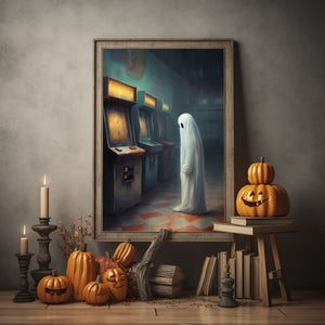 Ghost In An Abandoned Arcade, Halloween Poster, Art Poster Print, Dark Academia, Gothic Retro, Halloween Decor, Cute Ghost Poster