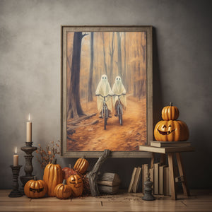 Ghost Couple In The Forest Hanging Poster, Cycling In The Forest Poster, Poster Happy Ghost, Ghost Riding A Bicycle Wall Art, Halloween Decor