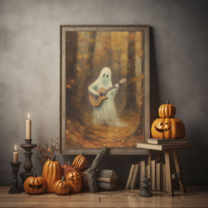 Ghost Playing Guitar In The Fall Forest Poster Print, Witch Decor, Vintage Poster, Art Poster Print,Halloween Decor, Gothic Victorian,Dark Academia