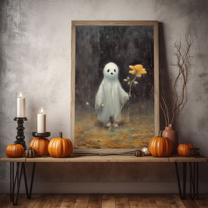 Ghost Holding A Sunflower Print Poster, Gothic art Poster, Art Poster Print, Haunting Ghost, Halloween Decor, Spooky Gothic Printable, Wall Decor