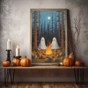 Two Ghost On Campsite Wall Art Print Poster, Halloween Poster, Art Poster Print, Dark Academia, Gothic Retro, Halloween Decor, Cute Ghost Poster