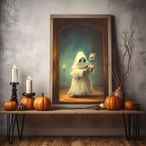 Ghost Holding A Smart Phone Print Poster, Halloween Poster, Art Poster Print, Dark Academia, Gothic Retro, Halloween Decor, Cute Ghost Poster