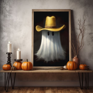 Cute Ghost And Cowboy Hat Poster Print,Cowboy Art Poster, Art Poster Print, Haunting Ghost, Halloween Decor,Print Wall Art