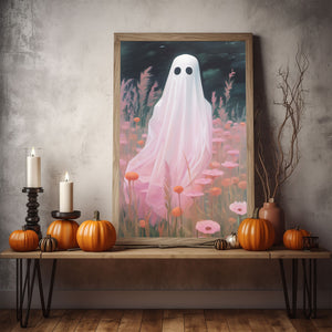 Pink Ghost In The Pink Flower Field Poster Print,Gothic Art Poster, Art Poster Print, Haunting Ghost, Halloween Decor,Pink Art Poster