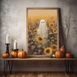 Ghost In The Sunflower Field Poster Print,Gothic Art Poster, Art Poster Print, Haunting Ghost, Halloween Decor,Fall Decor