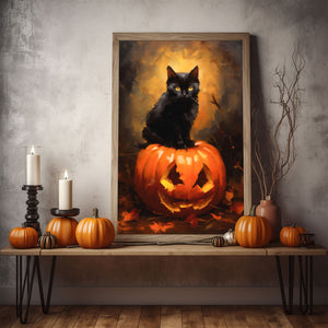 Cat On A Pumpkin Poster, Black Cat Art Poster Print, Dark Academia, Oil Painting, Witchy Decor, Halloween Poster