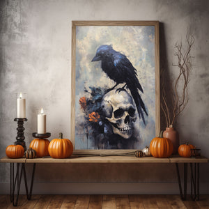 Black Crow On Skull Print Poster, Black Crow Dark Romantic Creepy, Halloween Art, Vintage Poster, Art Poster Print, Dark Academia, Gothic Victorian Crow