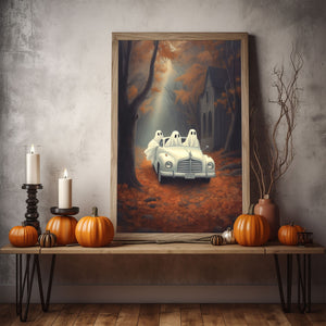 Ghosts In The Fall Woods In A Car Poster, Halloween Autumn Poster, Art Oil Painting, Haunting Ghost, Halloween Decor, Print Wall Art