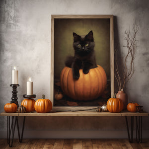 Black Cat In A Pumpkin Poster Print, Halloween Poster, Art Poster Print, Dark Academia, Gothic Retro, Halloween Decor, Black Cat Poster