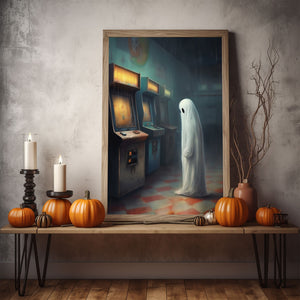 Ghost In An Abandoned Arcade, Halloween Poster, Art Poster Print, Dark Academia, Gothic Retro, Halloween Decor, Cute Ghost Poster